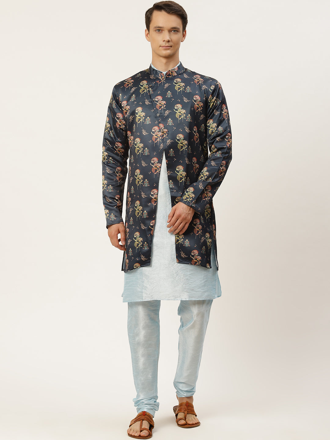 Men's Silk Blend Sky Blue Kurta Pyjama & Navy Jacket Combo - Sojanya