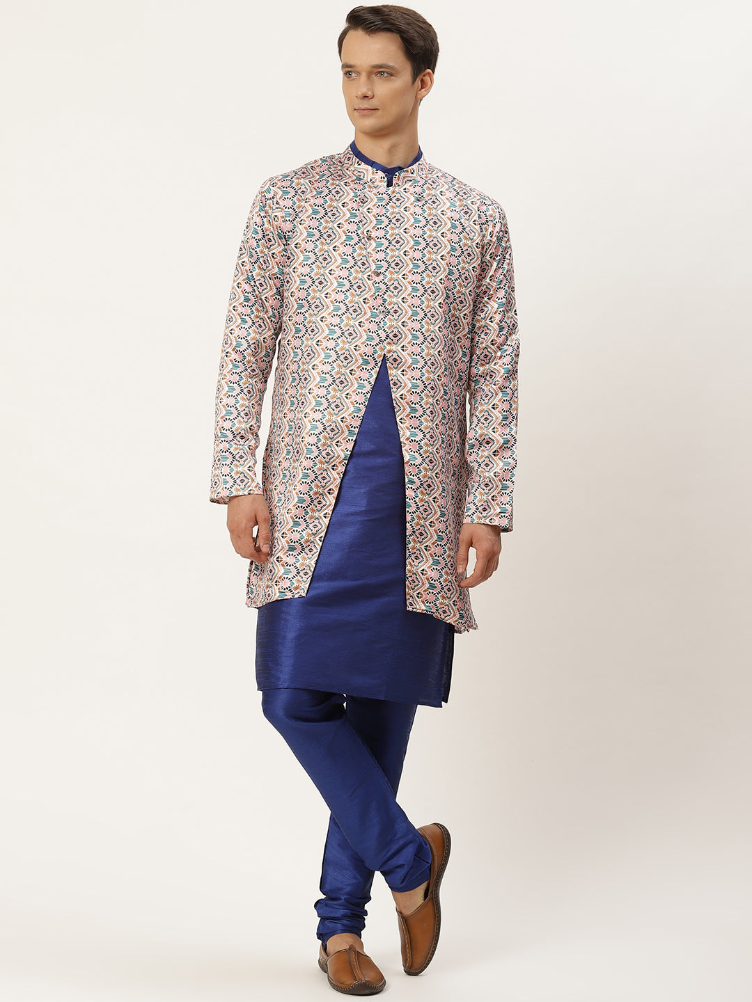 Men's Silk Blend Royal Blue Kurta Pyjama & White Jacket Combo - Sojanya