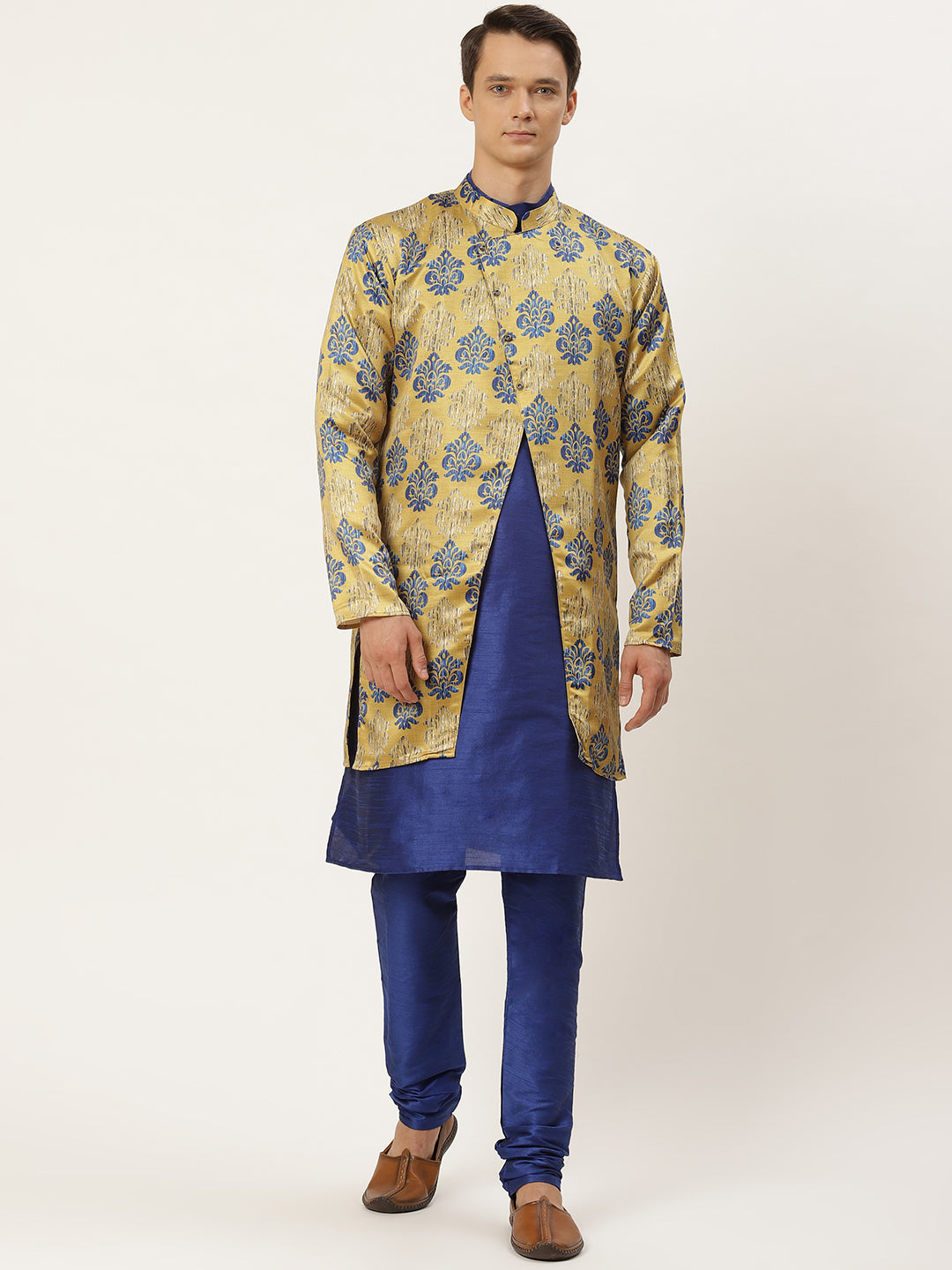 Men's Silk Blend Royal Blue Kurta Pyjama & Gold Jacket Combo - Sojanya