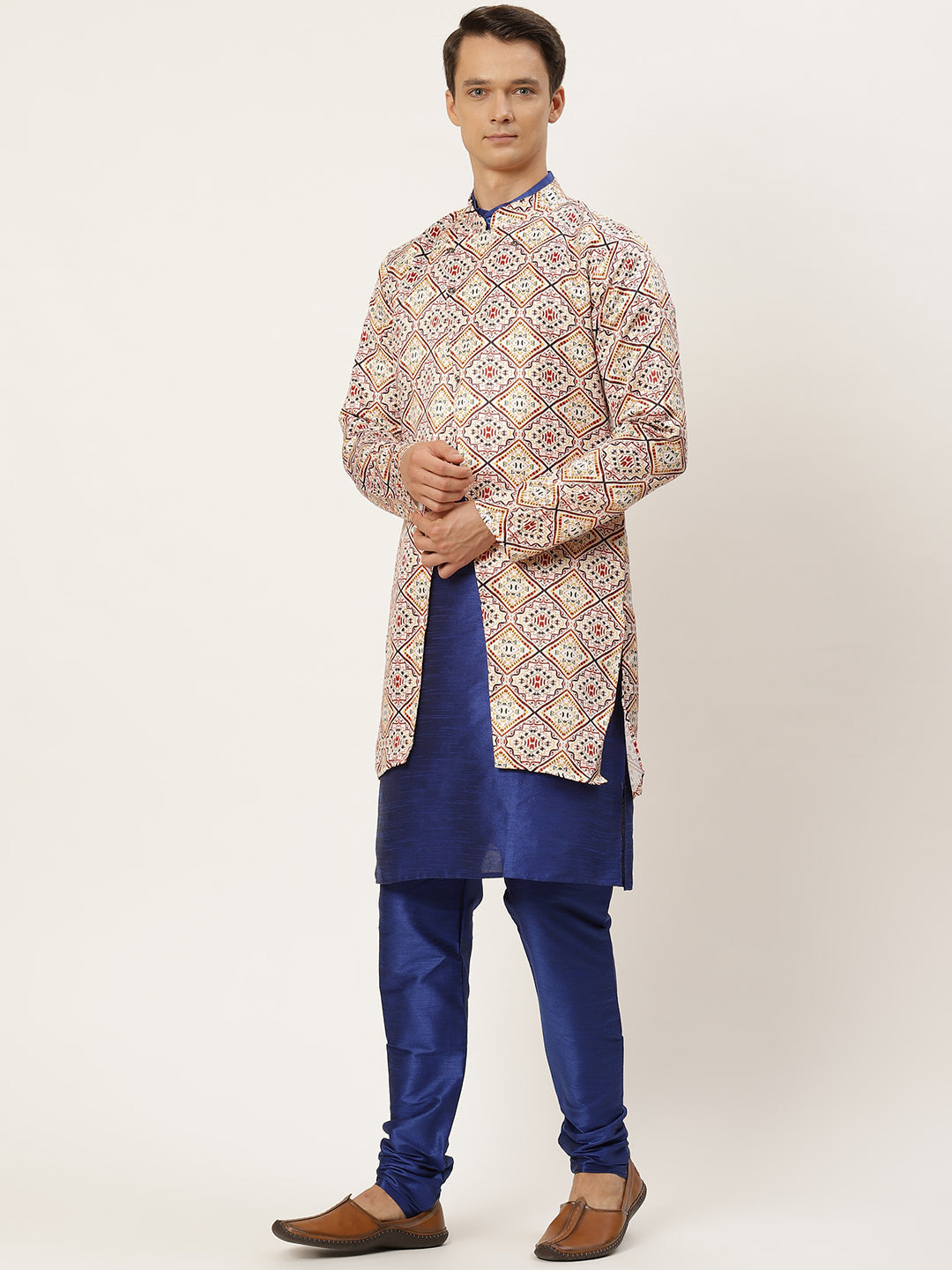 Men's Silk Blend Royal Blue Kurta Pyjama & Offwhite Jacket Combo - Sojanya