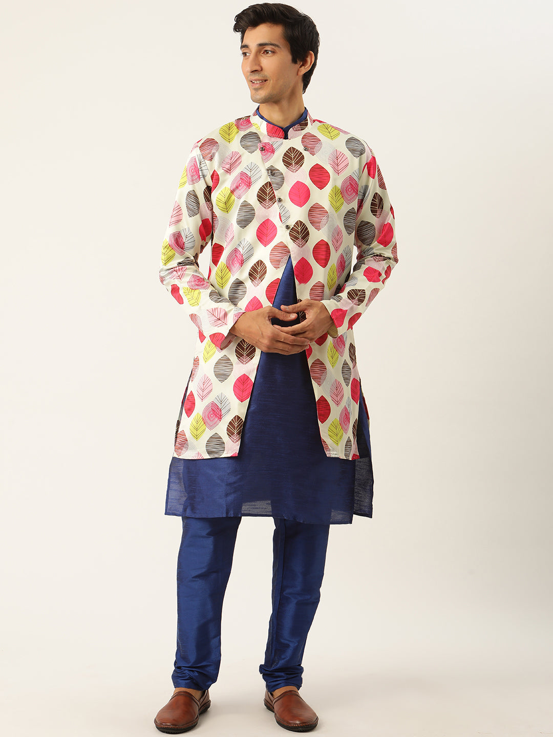 Men's Silk Blend Royal Blue Kurta Pyjama & Light Green Jacket Combo - Sojanya