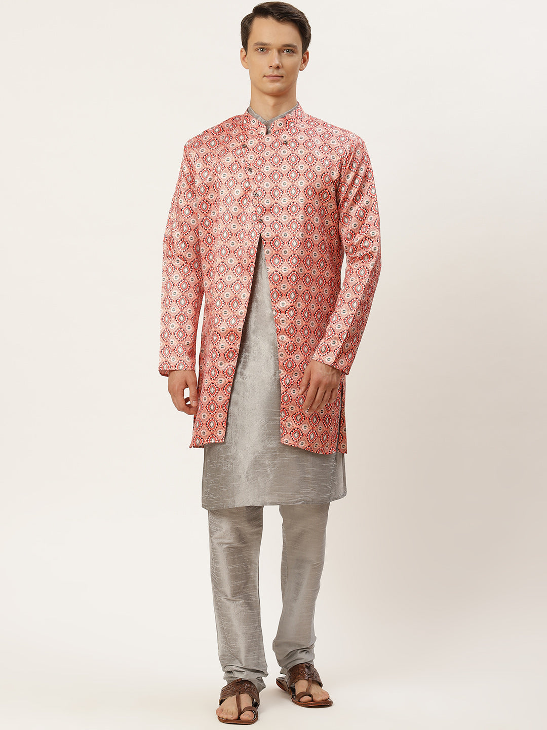 Men's Silk Blend Grey Kurta Pyjama & Peach Jacket Combo - Sojanya