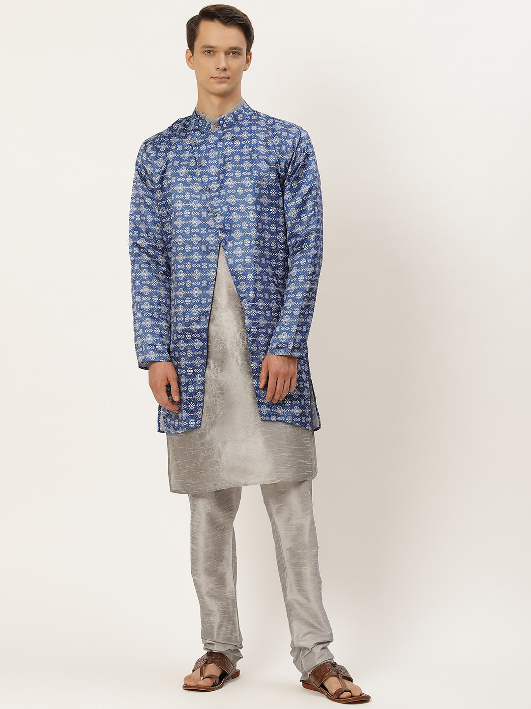 Men's Silk Blend Grey Kurta Pyjama & Blue Jacket Combo - Sojanya