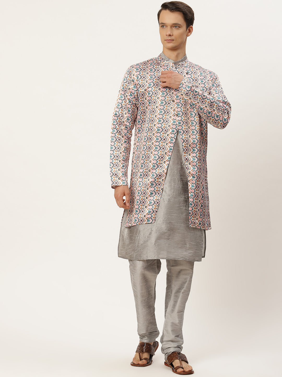 Men's Silk Blend Grey Kurta Pyjama & White Jacket Combo - Sojanya