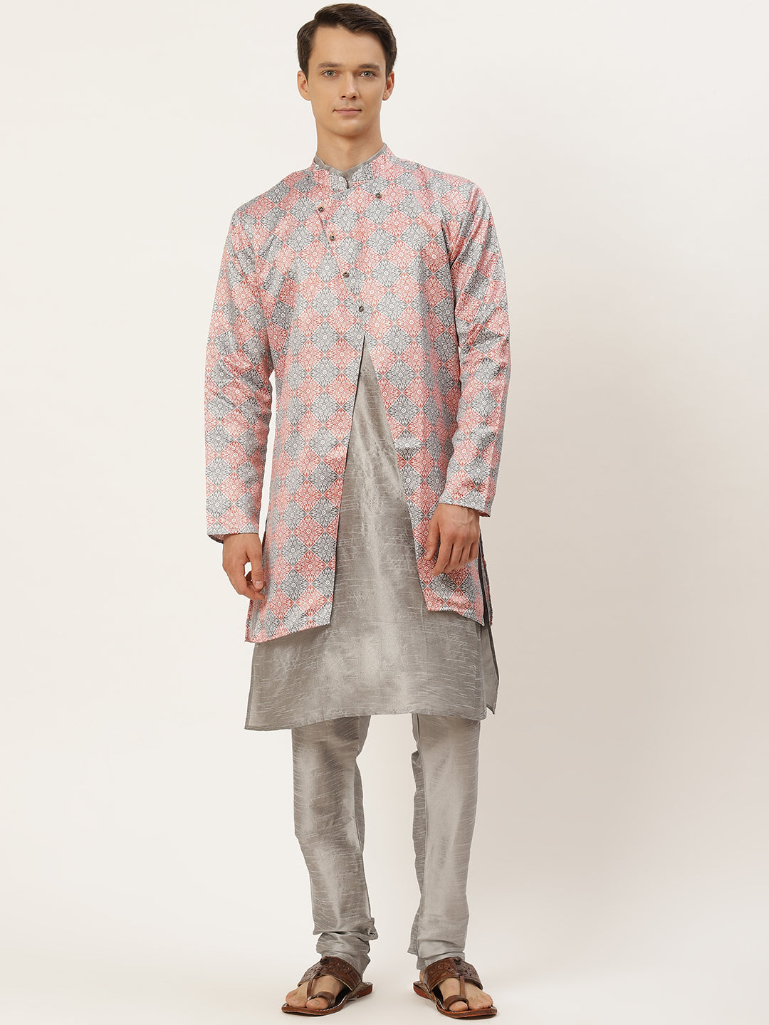 Men's Silk Blend Grey Kurta Pyjama & Rust Jacket Combo - Sojanya