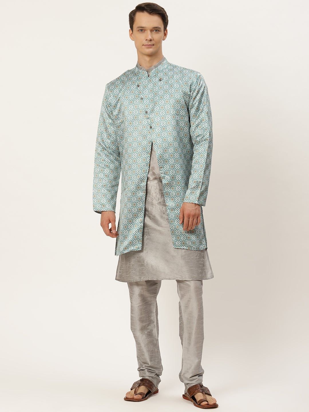 Men's Silk Blend Grey Kurta Pyjama & Green Jacket Combo - Sojanya