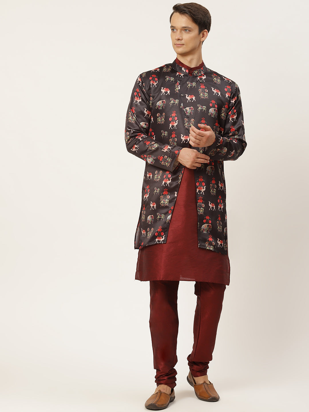 Men's Silk Blend Maroon Kurta Pyjama & Black Jacket Combo - Sojanya