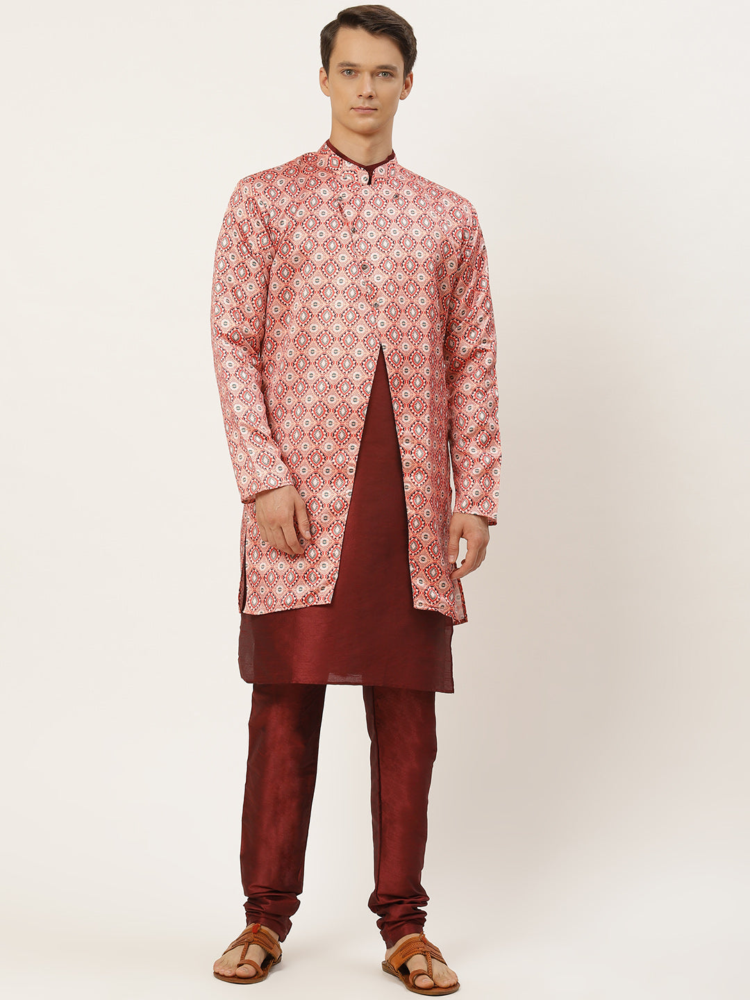 Men's Silk Blend Maroon Kurta Pyjama & Peach Jacket Combo - Sojanya