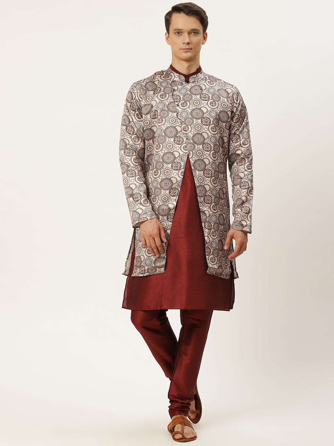 Men's Silk Blend Maroon Kurta Pyjama & Beige Jacket Combo - Sojanya