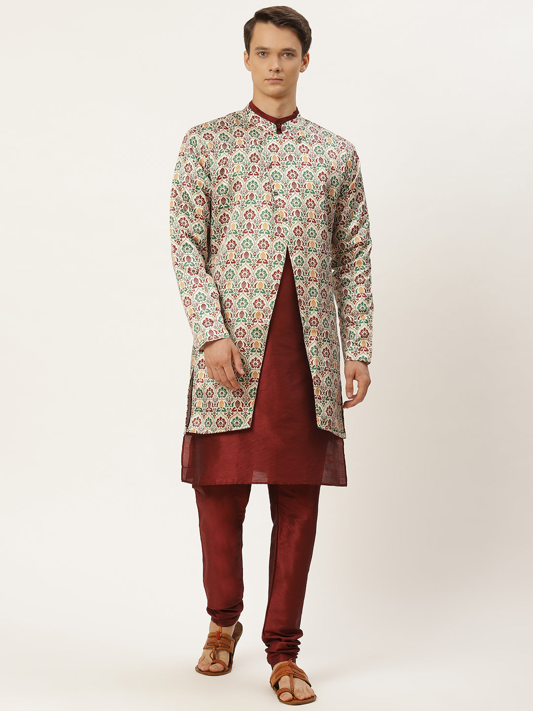 Men's Silk Blend Maroon Kurta Pyjama & Fawn Jacket Combo - Sojanya