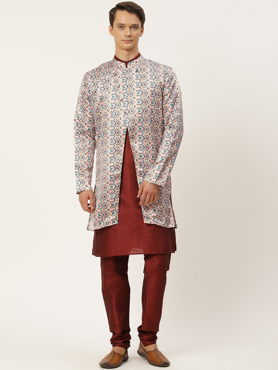 Men's Silk Blend Maroon Kurta Pyjama & White Jacket Combo - Sojanya