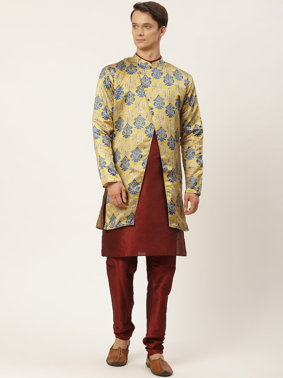 Men's Silk Blend Maroon Kurta Pyjama & Gold Jacket Combo - Sojanya