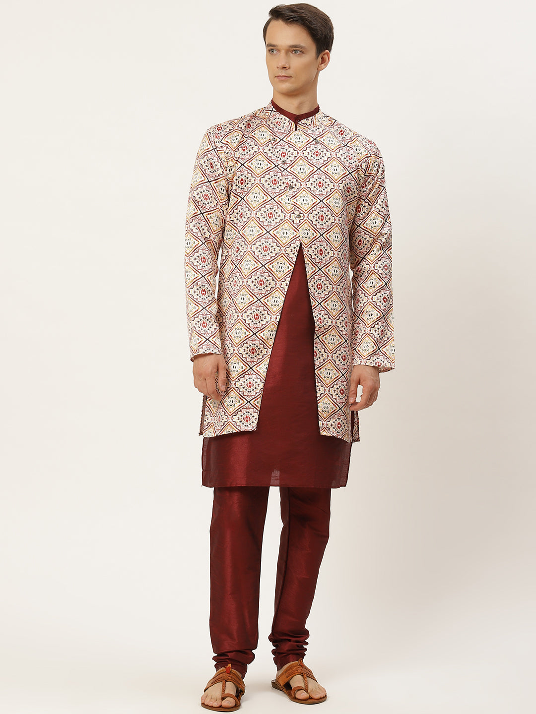 Men's Silk Blend Maroon Kurta Pyjama & Offwhite Jacket Combo - Sojanya