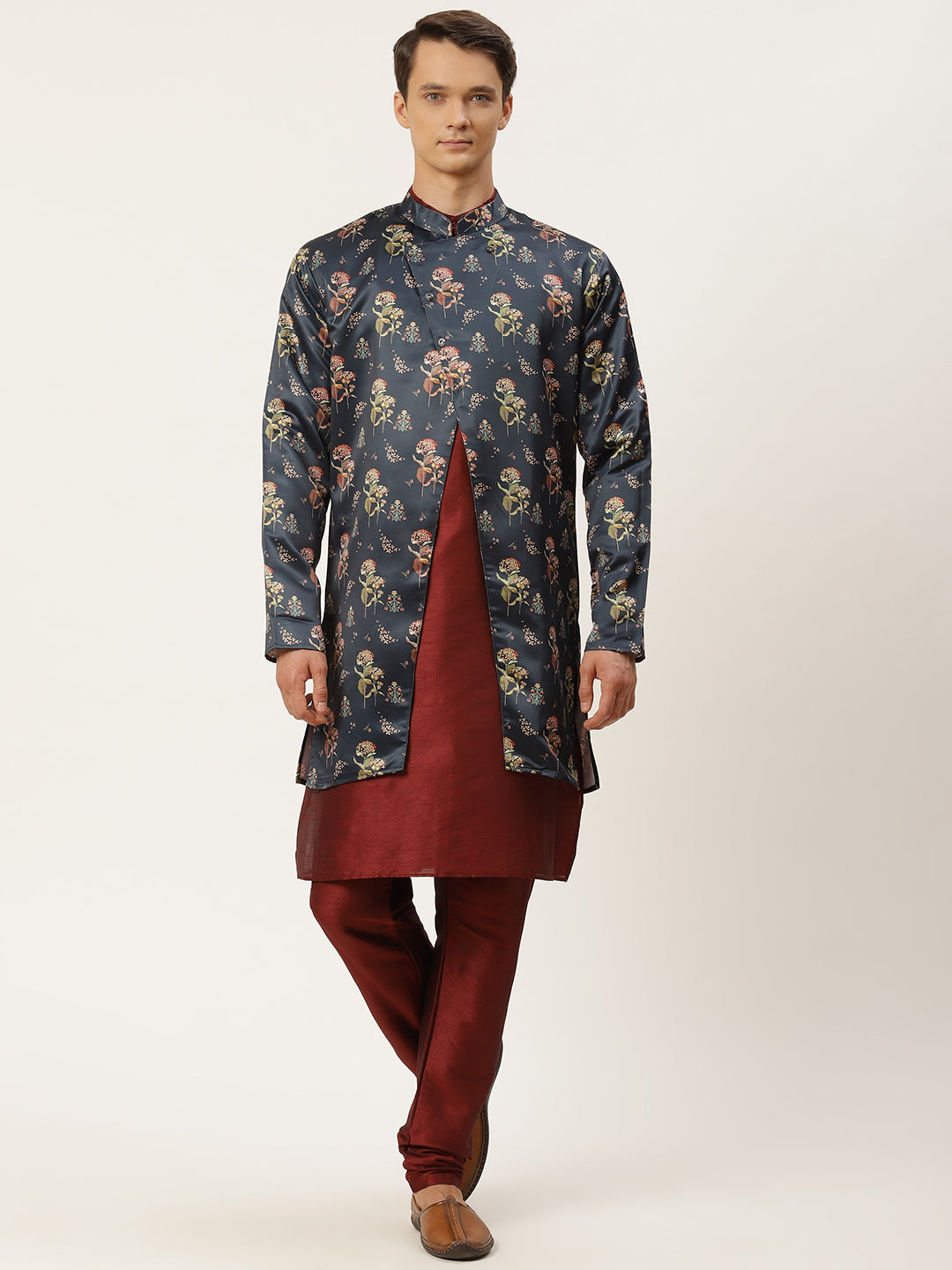 Men's Silk Blend Maroon Kurta Pyjama & Navy Jacket Combo - Sojanya