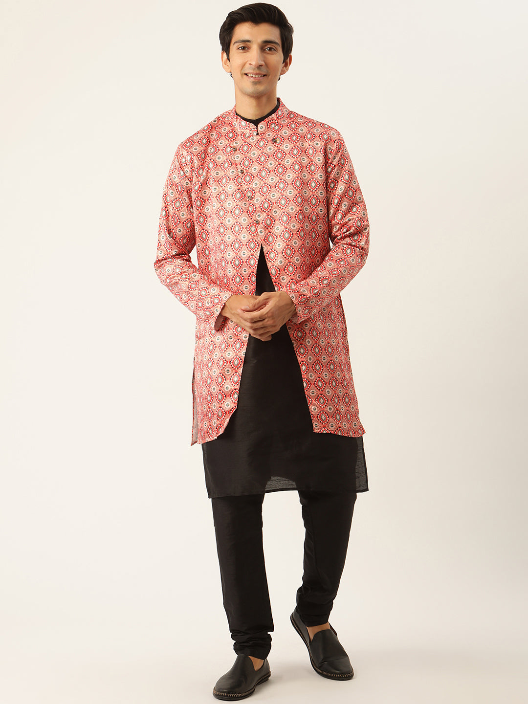 Men's Silk Blend Black Kurta Pyjama & Peach Jacket Combo - Sojanya