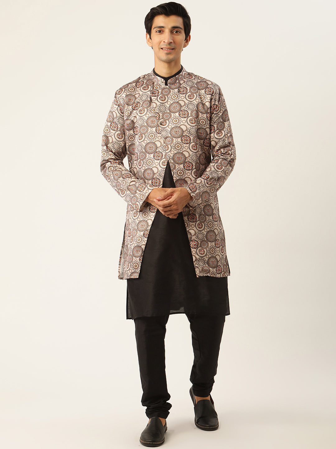 Men's Silk Blend Black Kurta Pyjama & Beige Jacket Combo - Sojanya