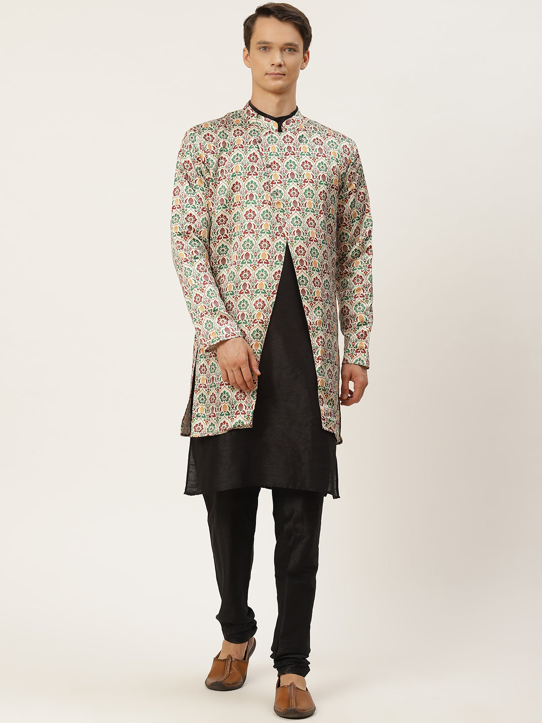 Men's Silk Blend Black Kurta Pyjama & Fawn Jacket Combo - Sojanya