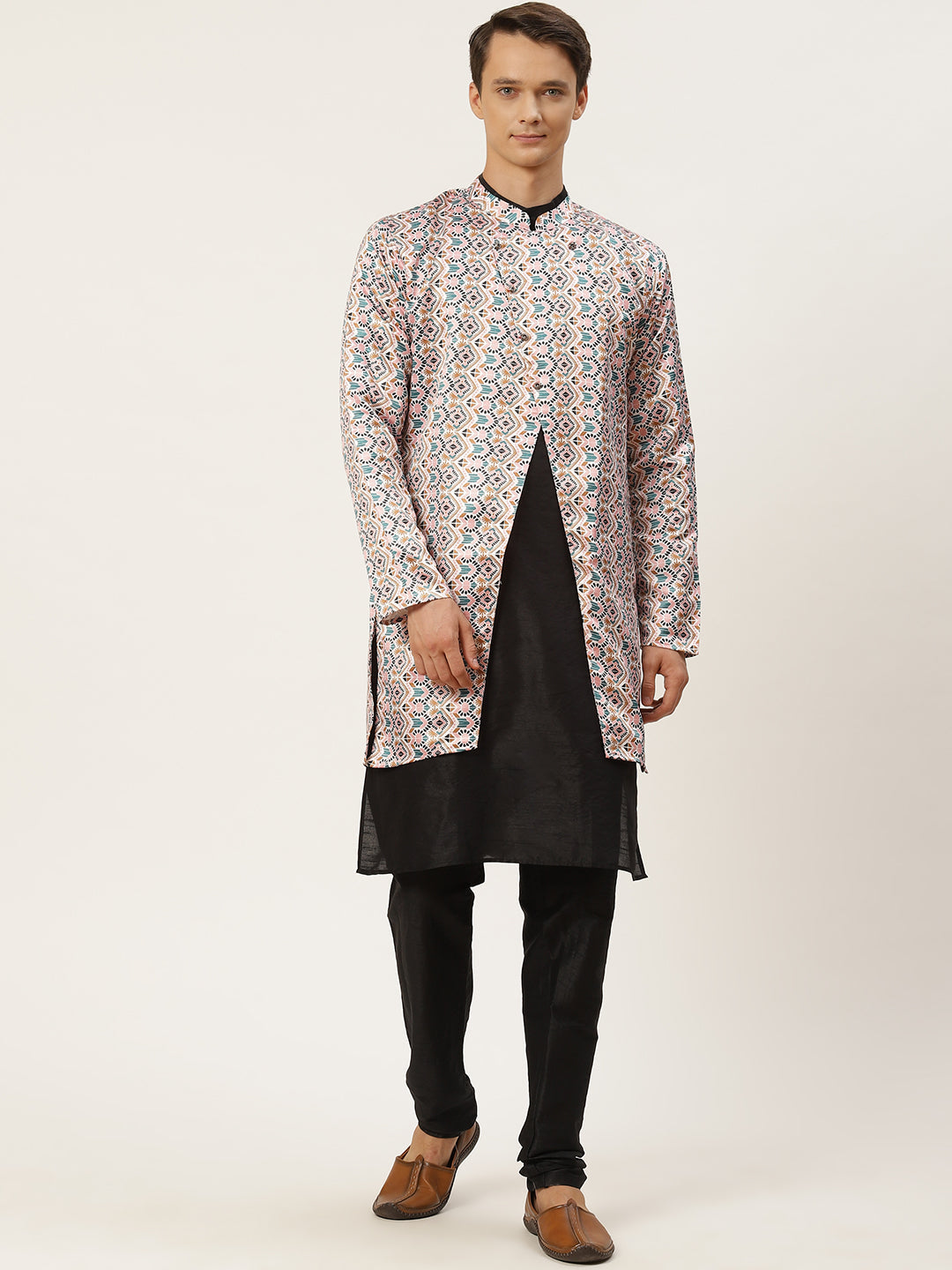 Men's Silk Blend Black Kurta Pyjama & White Jacket Combo - Sojanya