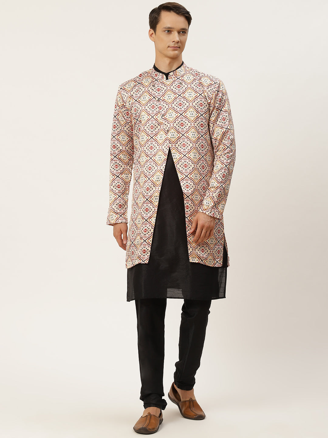 Men's Silk Blend Black Kurta Pyjama & Offwhite Jacket Combo - Sojanya