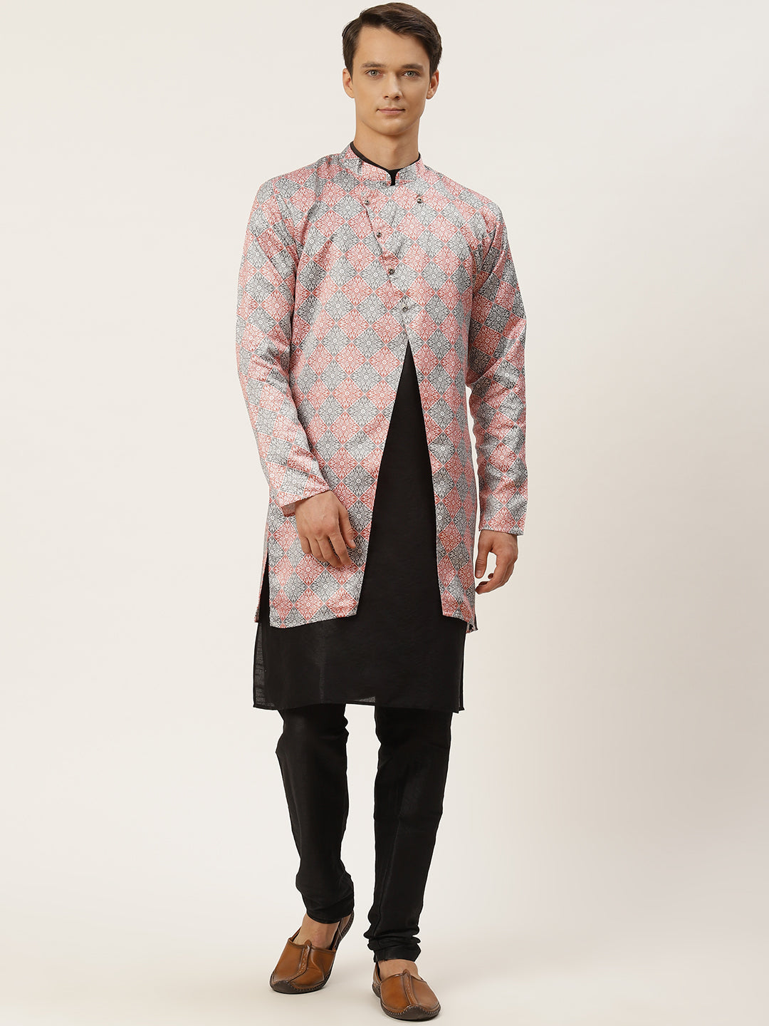 Men's Silk Blend Black Kurta Pyjama & Rust Jacket Combo - Sojanya