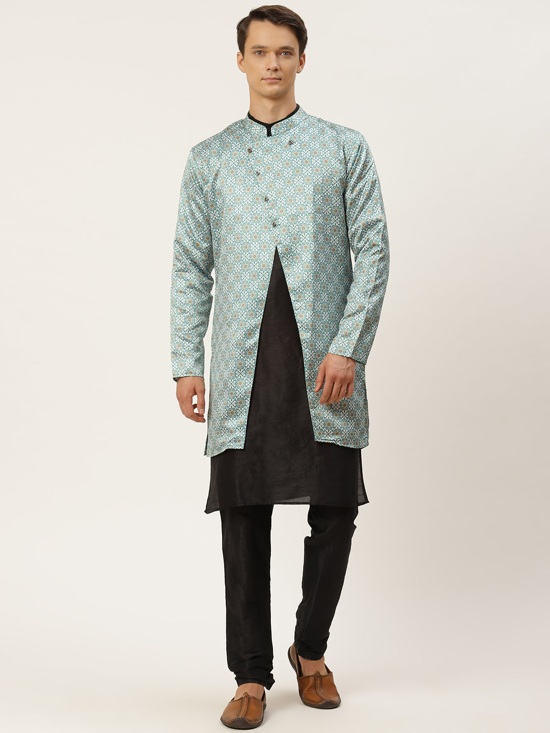 Men's Silk Blend Black Kurta Pyjama & Green Jacket Combo - Sojanya