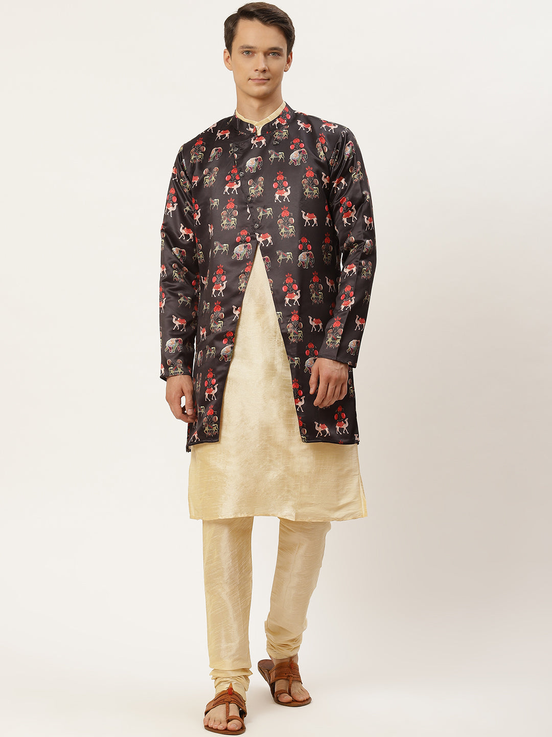 Men's Silk Blend Gold Kurta Pyjama & Black Jacket Combo - Sojanya