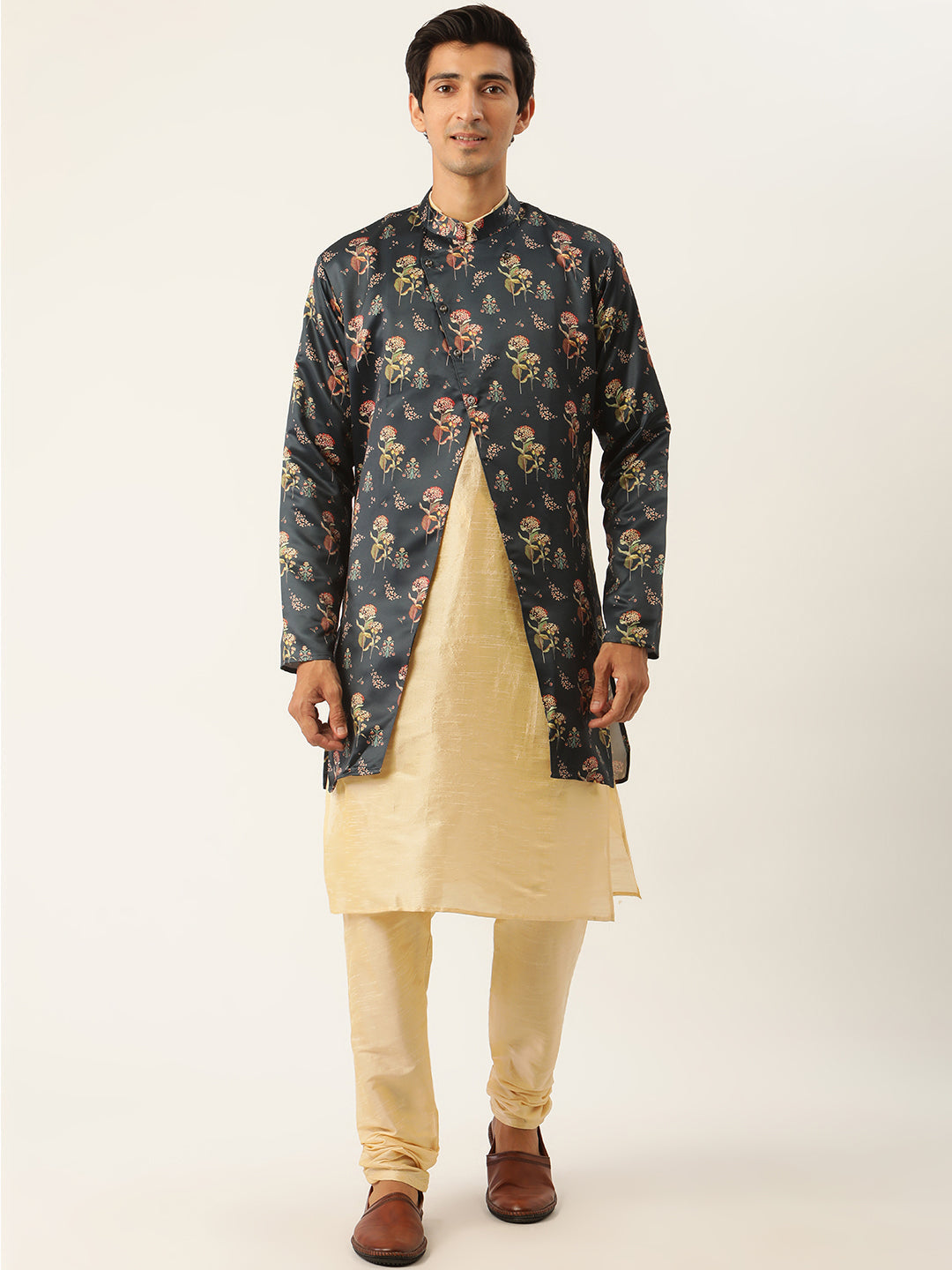 Men's Silk Blend Gold Kurta Pyjama & Navy Jacket Combo - Sojanya