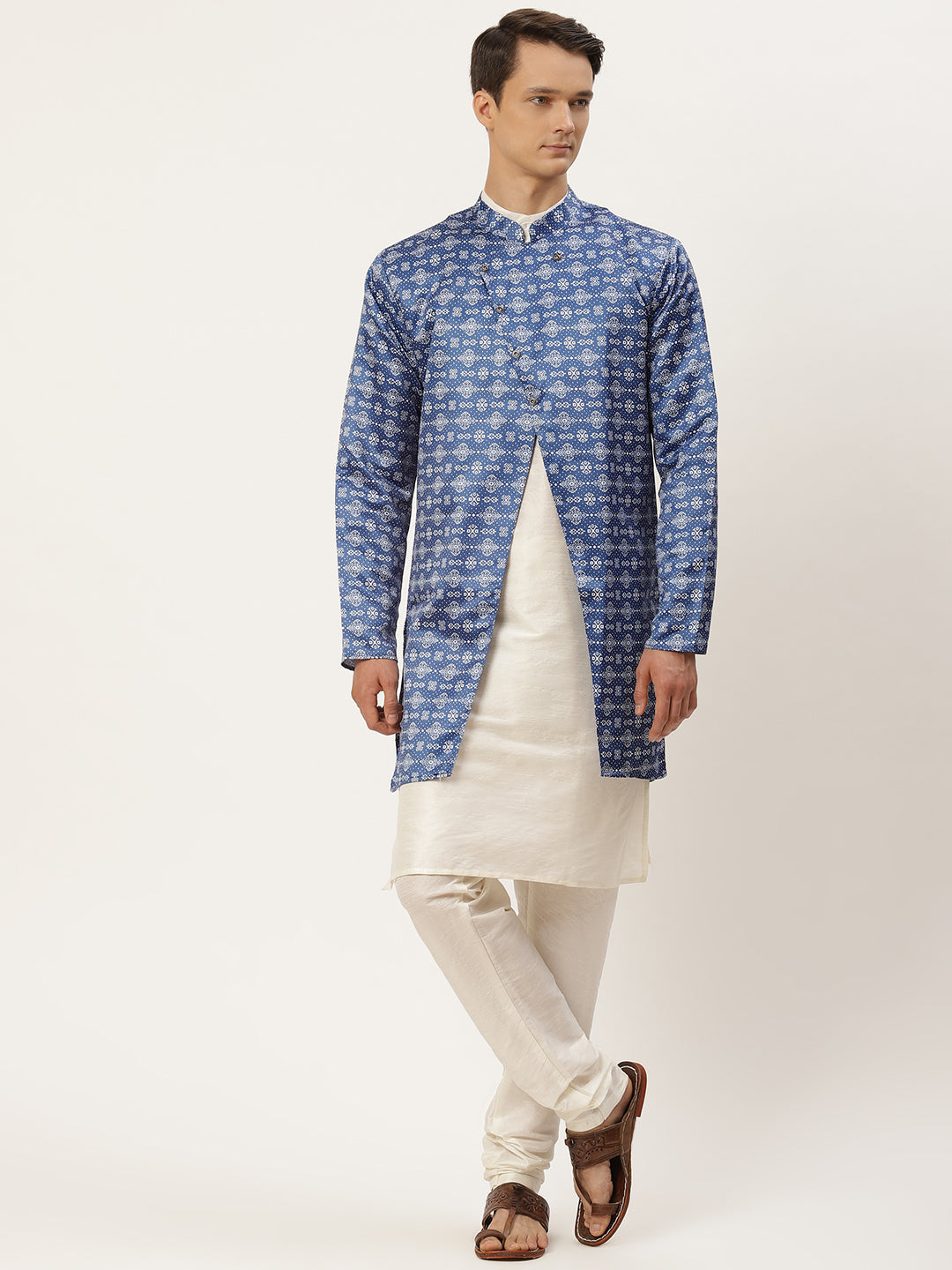 Men's Silk Blend Off White Kurta Pyjama & Blue Jacket Combo - Sojanya