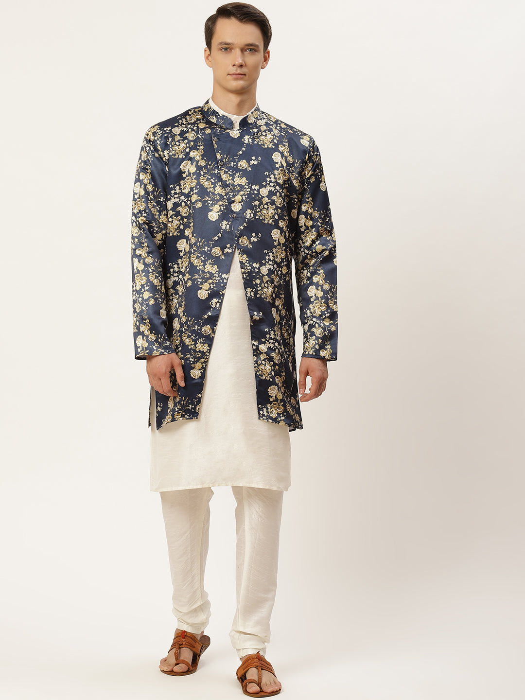 Men's Silk Blend Off White Kurta Pyjama & Navy Jacket Combo - Sojanya