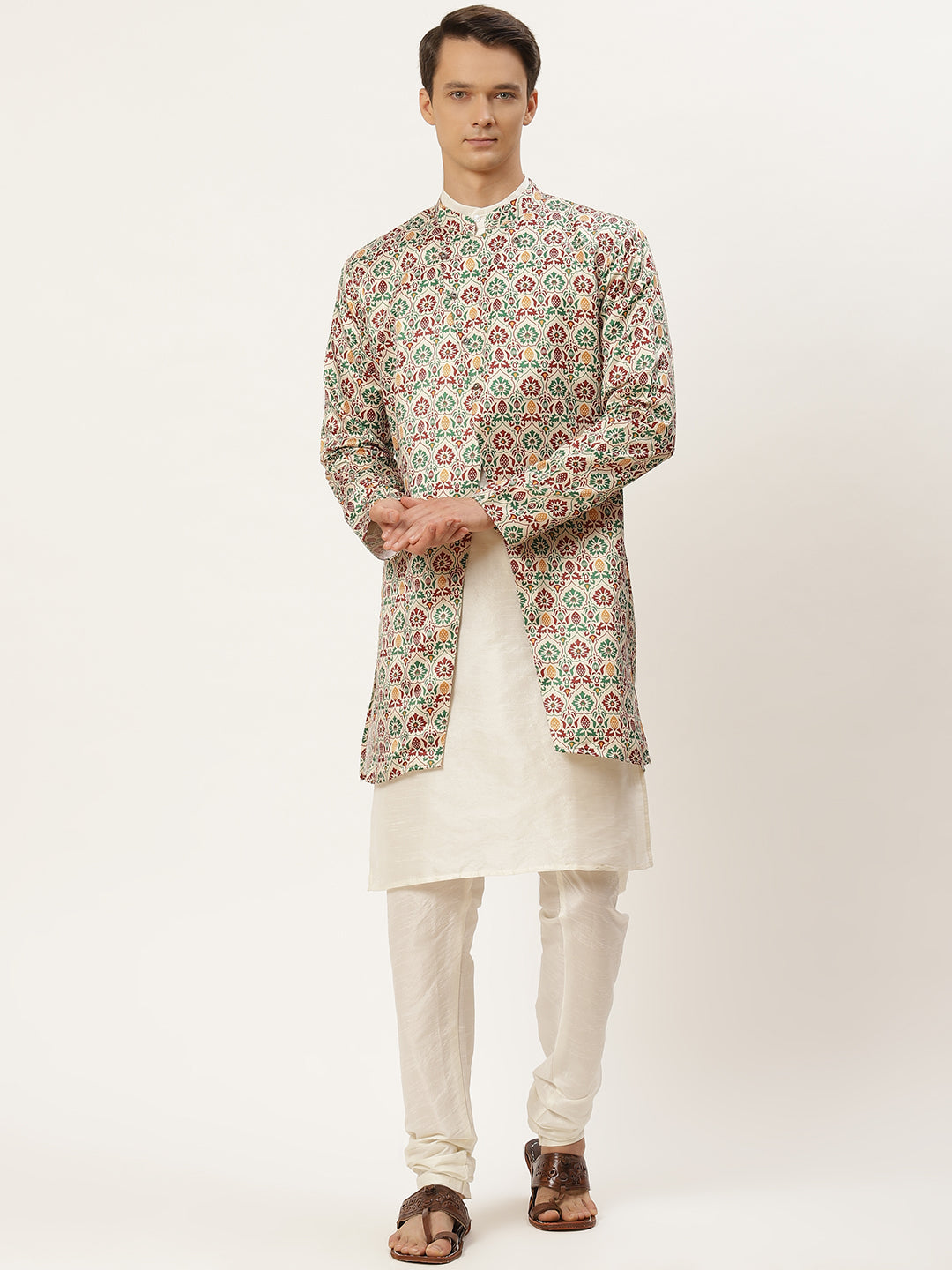 Men's Silk Blend Off White Kurta Pyjama & Fawn Jacket Combo - Sojanya