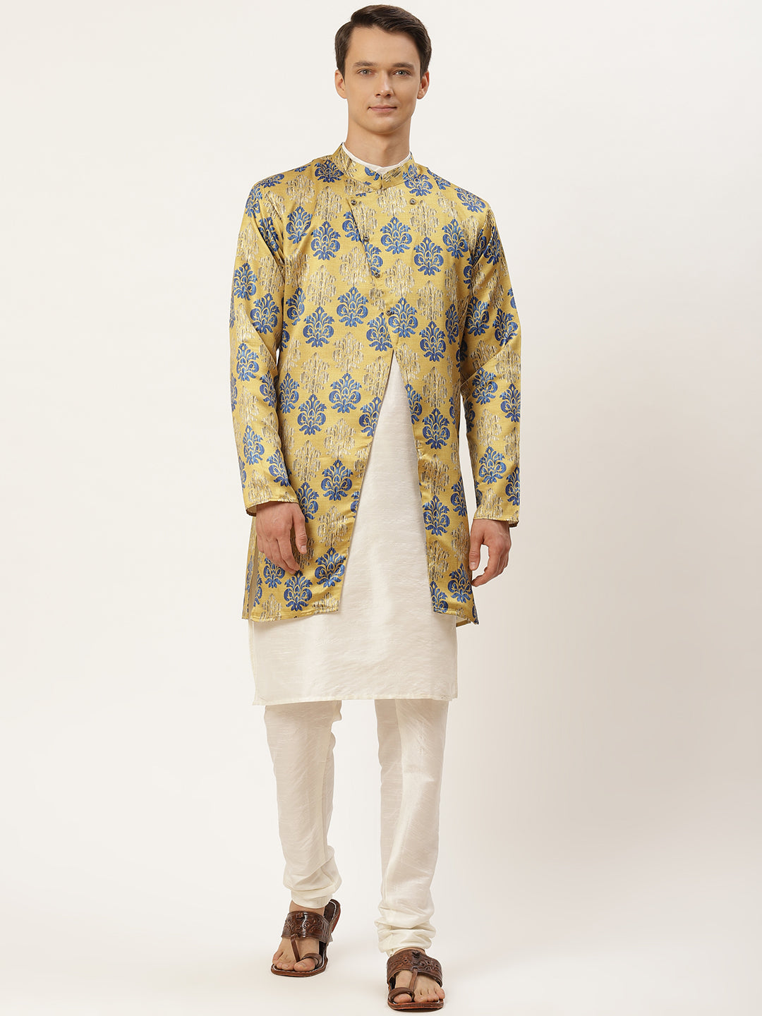 Men's Silk Blend Off White Kurta Pyjama & Gold Jacket Combo - Sojanya