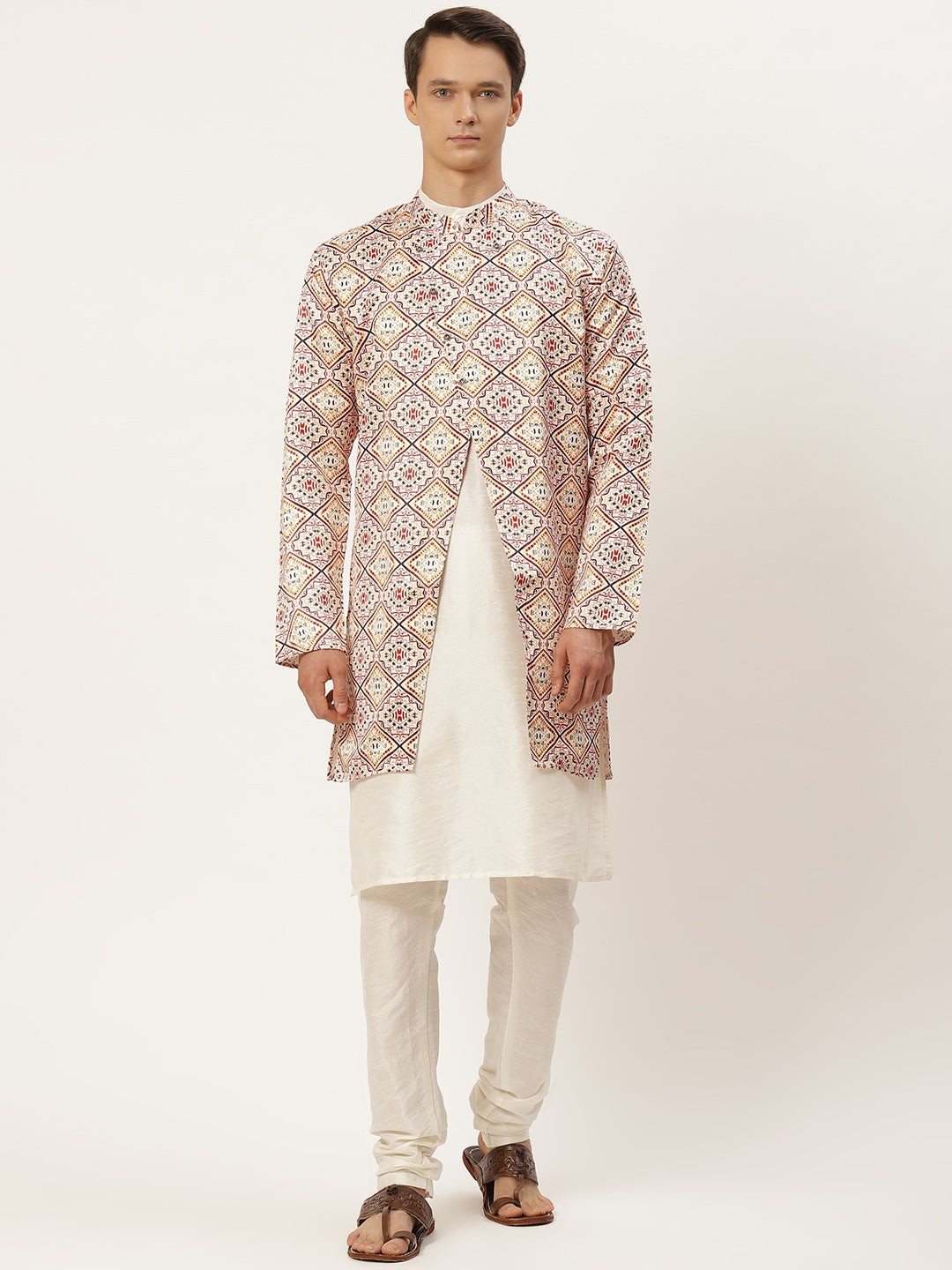 Men's Silk Blend Off White Kurta Pyjama & Offwhite Jacket Combo - Sojanya