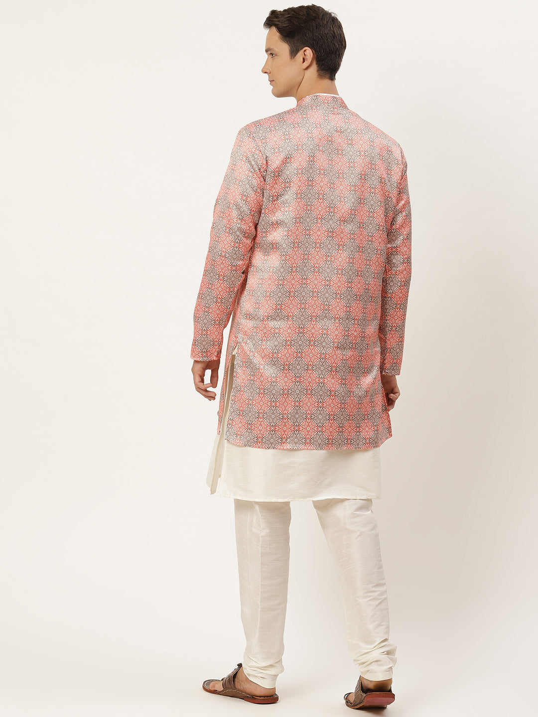 Men's Silk Blend Off White Kurta Pyjama & Rust Sherwani Set - Sojanya