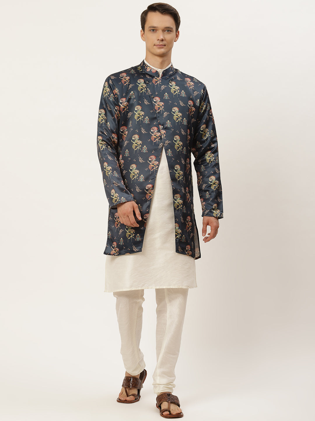 Men's Silk Blend Off White Kurta Pyjama & Navy Jacket Combo - Sojanya