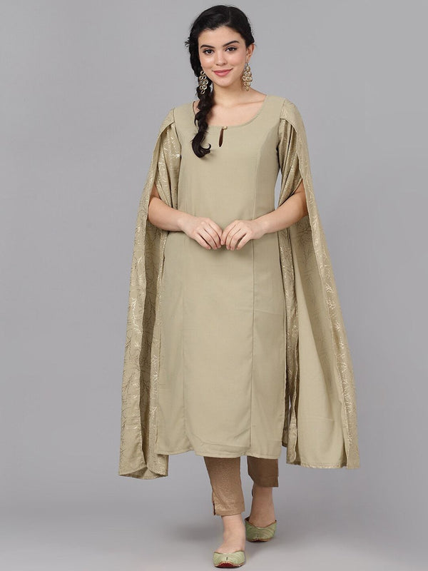 Women's  Taupe & Gold-Coloured Printed Straight Kurta - AKS