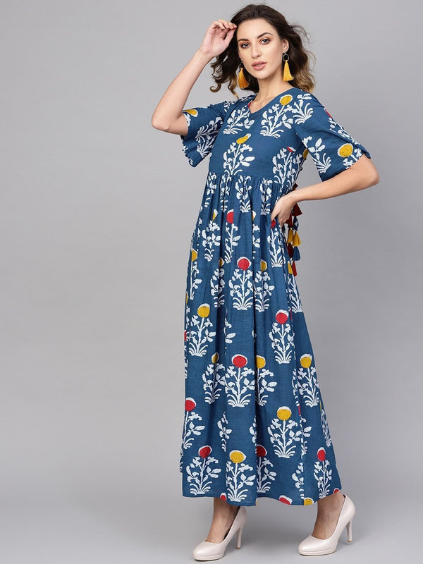 Women's  Blue & White Printed Maxi Dress - AKS