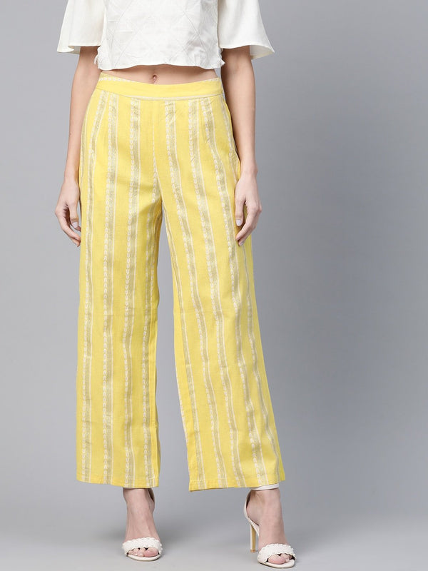 Women's  Yellow & Silver Khari Striped Straight Palazzos - AKS