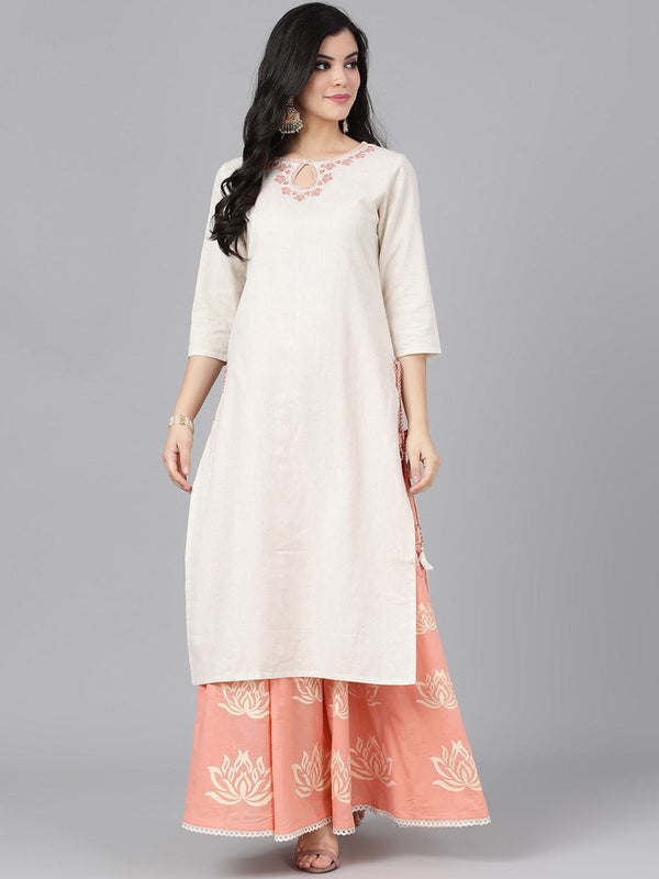 Women's  Off-White & Peach-Coloured Yoke Design Kurta with Skirt - AKS