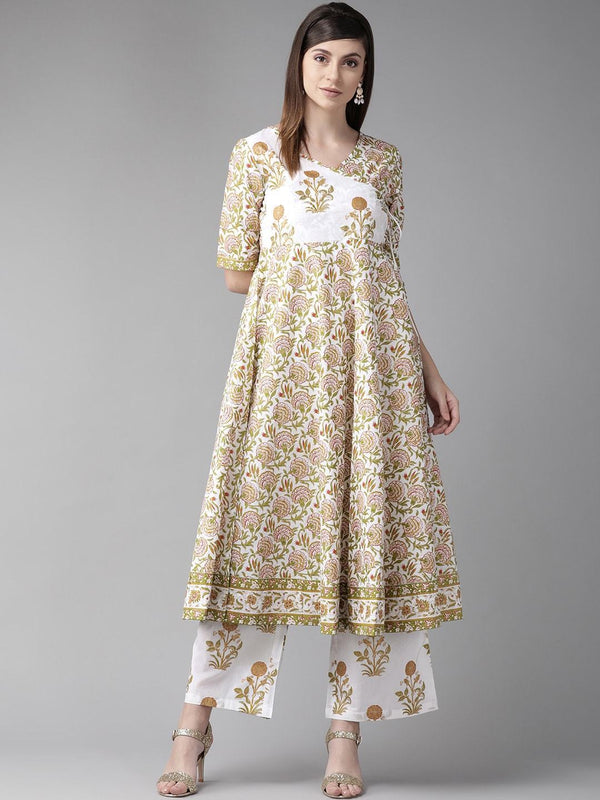 Women's  White & Olive Green Floral Print Angrakha Anarkali Kurta - AKS