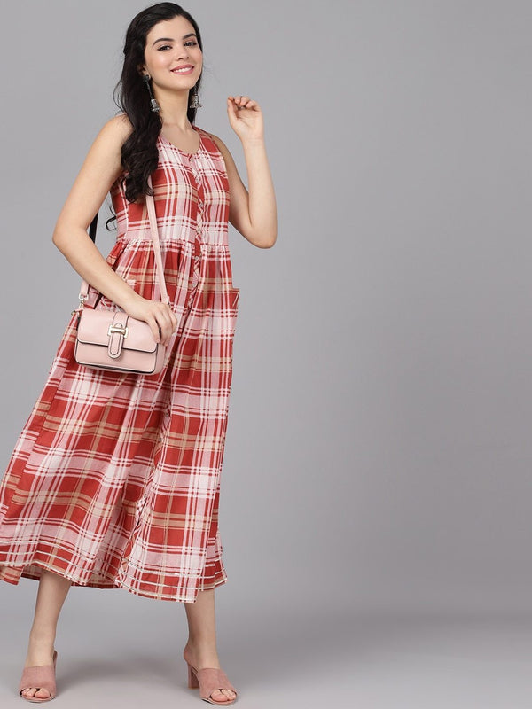 Women's  Rust Red & Off-White Checked A-Line Dress - AKS