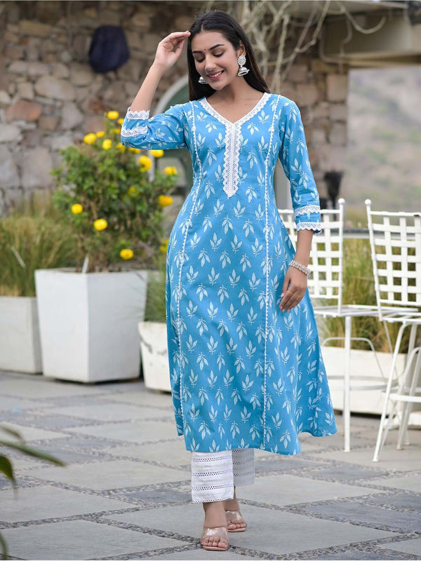 Women's Blue Printed A Line Kurta - Hatheli