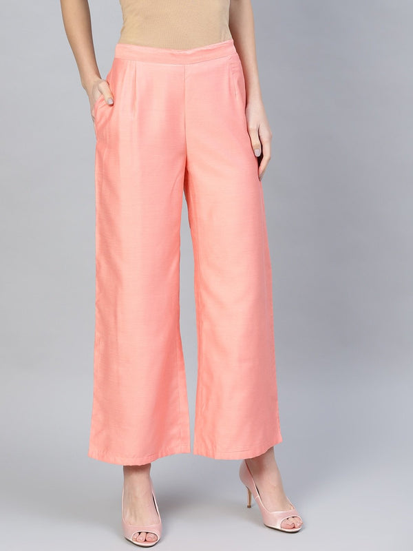 Women's  Peach-Coloured Solid Straight Palazzos - AKS