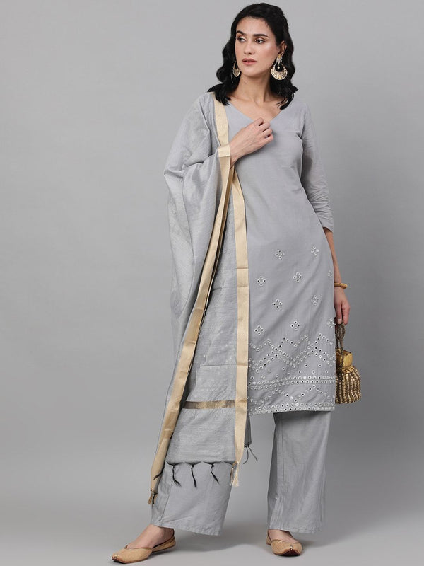 Women's  Grey Solid Kurta with Palazzos & Dupatta - AKS