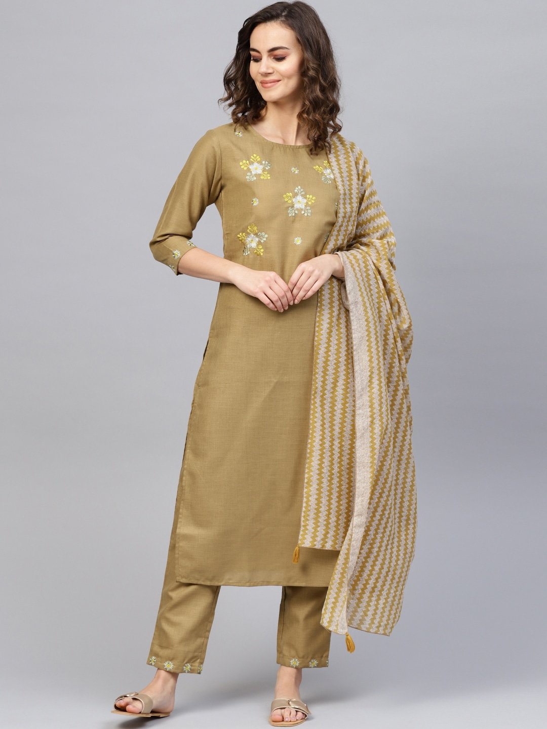 Women's Beige Printed Kurta Set - Yufta