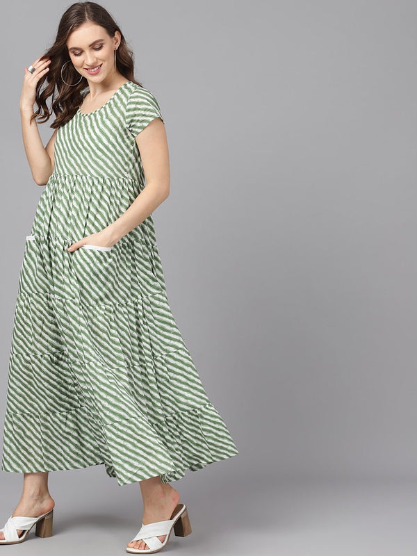 Women's  Green & White Striped Maxi Dress - AKS