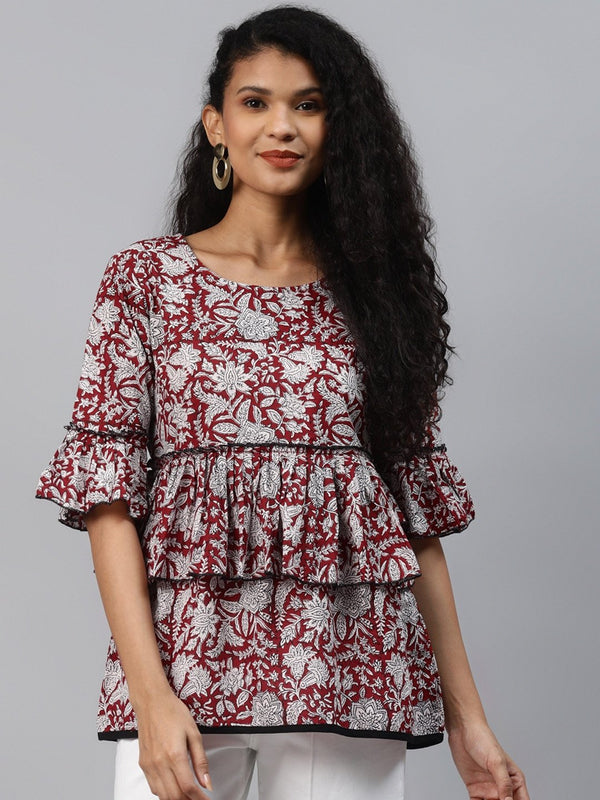 Women's Maroon & Offwhite Printed Top - Yufta