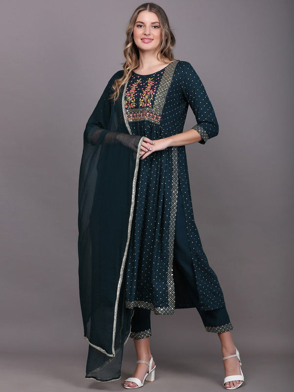 Women's Blue Ethnic Motifs Embroidered Pleated Kurta With Trousers & With Dupatta - Noz2Toz