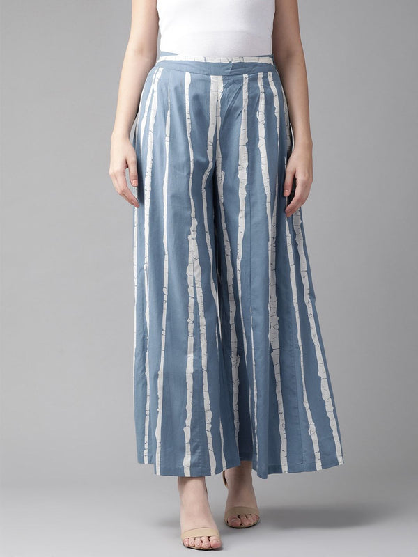 Women's  Blue & White Striped Wide Leg Palazzos - AKS