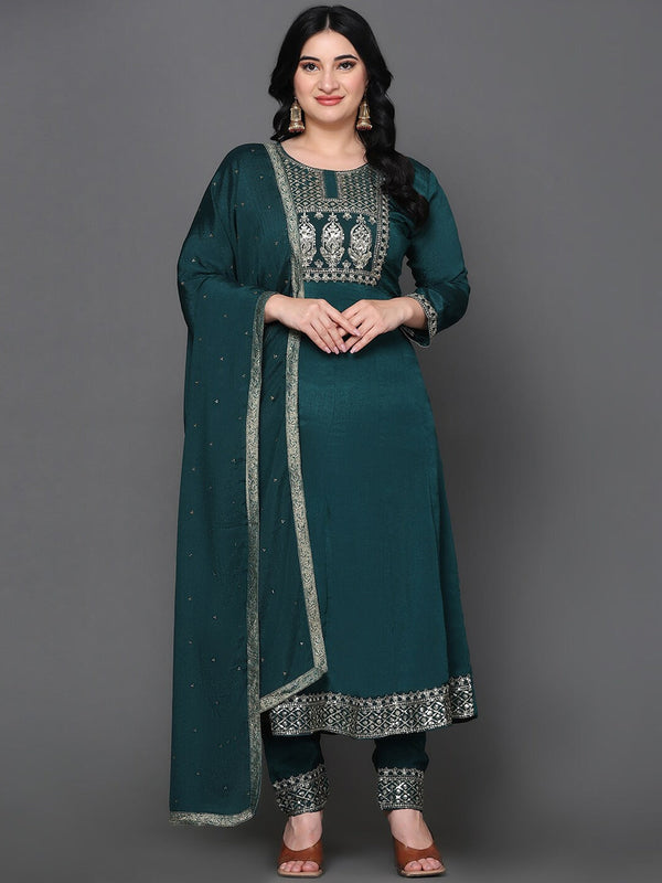 Women's Ethnic Motifs Yoke Design Pure Silk Anarkali Kurta With Trousers & Dupatta - Noz2Toz