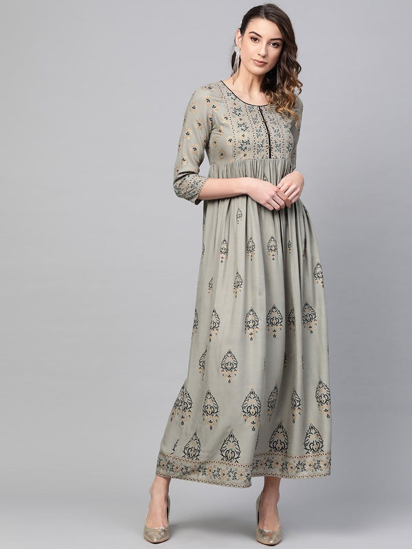 Women's  Grey & Black Block Printed Maxi Dress - AKS